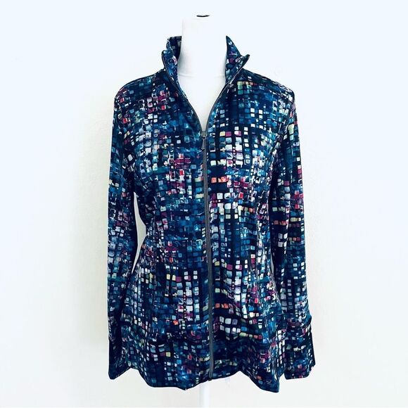 SNOSKINS Zip Jacket Back Hidden Pocket Multi Color Prisms EUC Exercise SZ Med - Picture 1 of 7